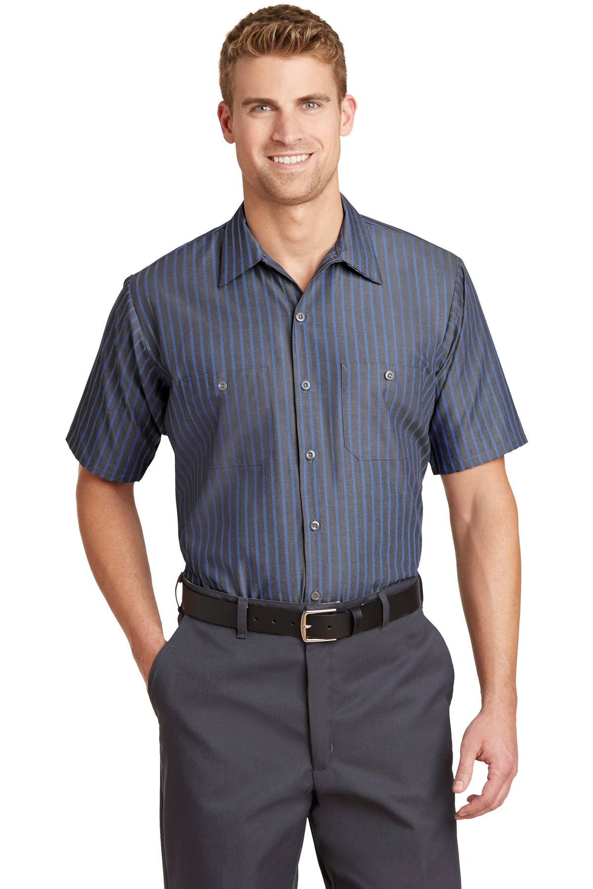 Red Kap Long Size Short Sleeve Striped Industrial Work Shirt. CS20LONG