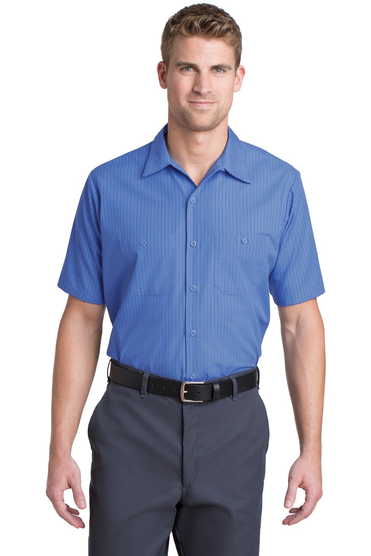 Red Kap Long Size Short Sleeve Striped Industrial Work Shirt. CS20LONG