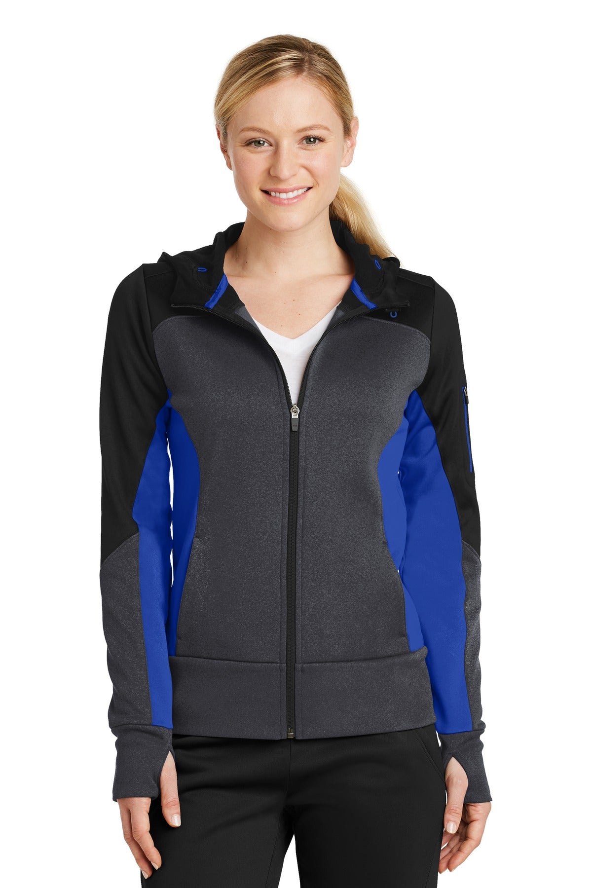 Sport-Tek Ladies Tech Fleece Colorblock Full-Zip Hooded Jacket. LST245