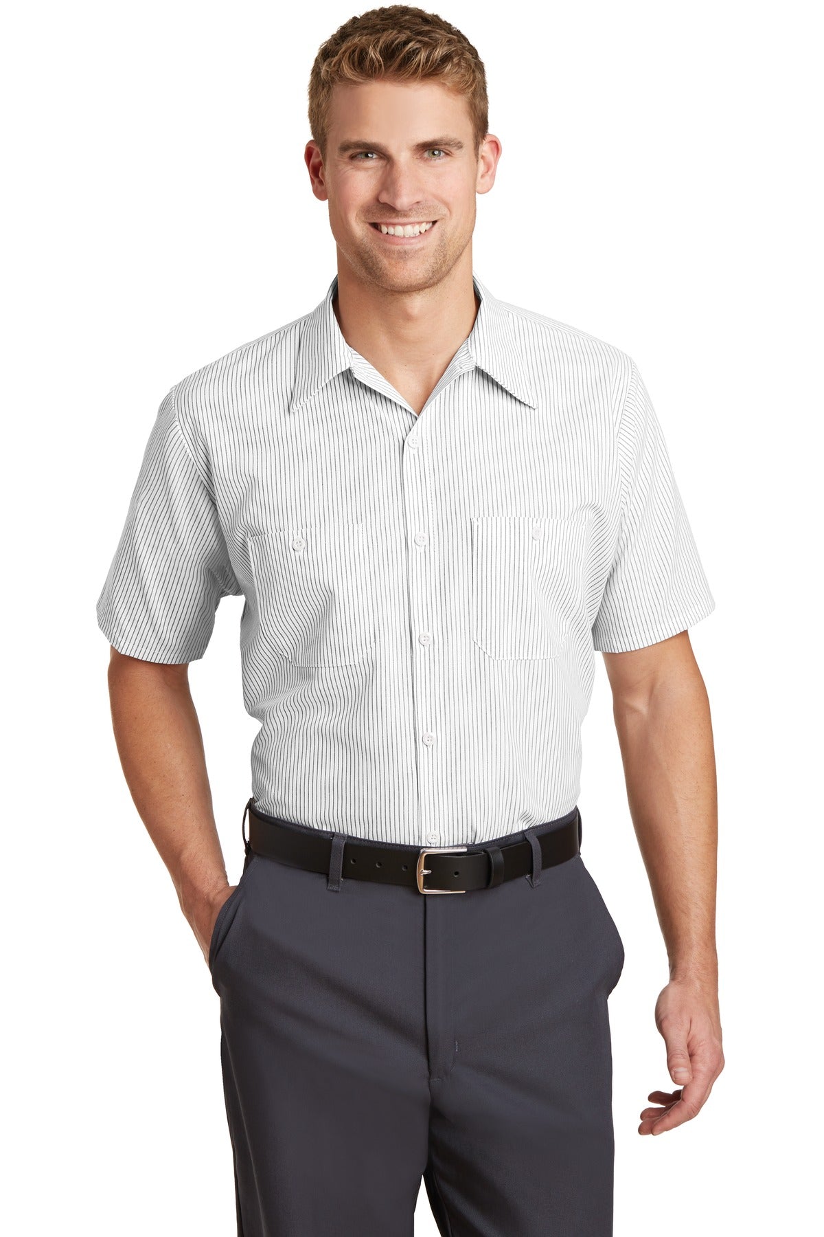 Red Kap Long Size Short Sleeve Striped Industrial Work Shirt. CS20LONG