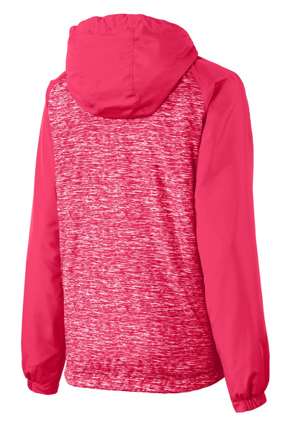 Sport-Tek Ladies Heather Colorblock Raglan Hooded Wind Jacket. LST40